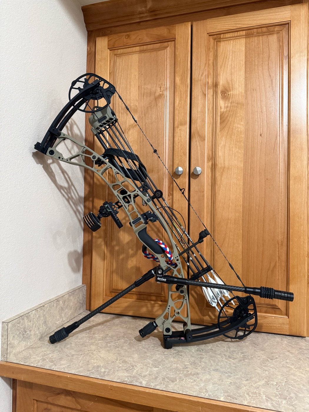 Hoyt hunting bow, fully rigged — stabilizer, quiver, and arrows ready